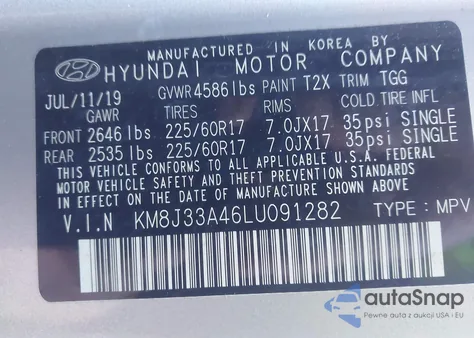 2020 Hyundai Tucson Value z USA, uszkodzony, nr VIN KM8J33A46LU091282